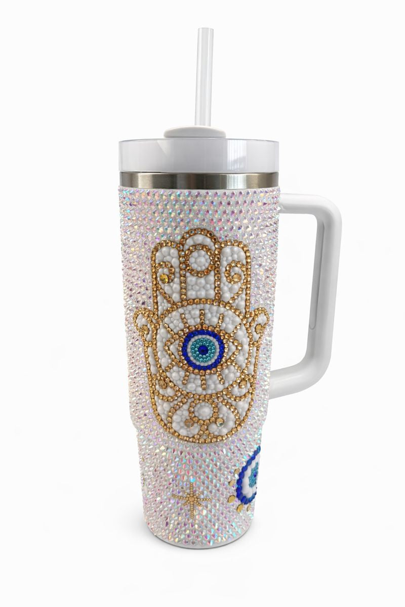🧿✨ 30oz Rhinestone Stanley Tumbler – Hamsa & Evil Eye Design