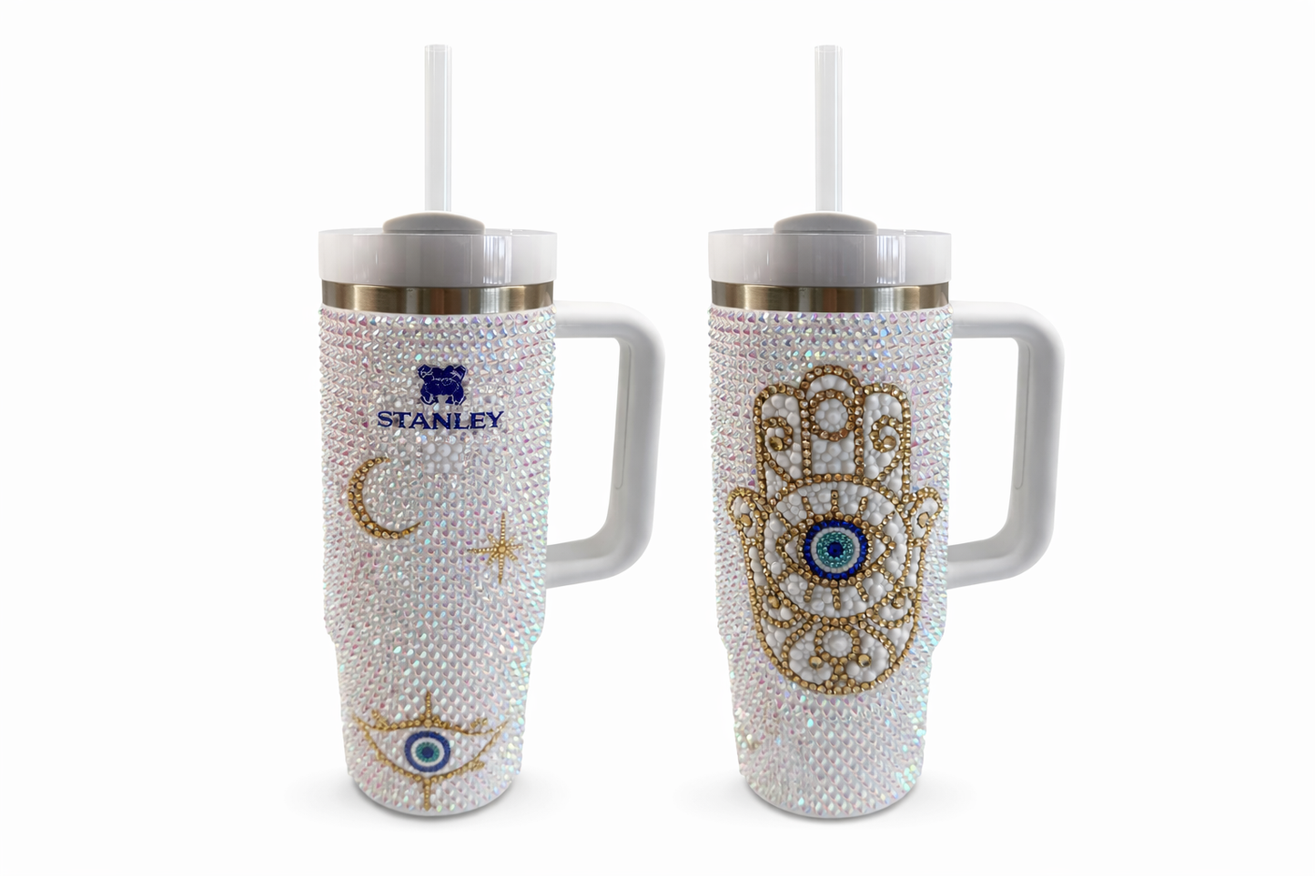 🧿✨ 30oz Rhinestone Stanley Tumbler – Hamsa & Evil Eye Design